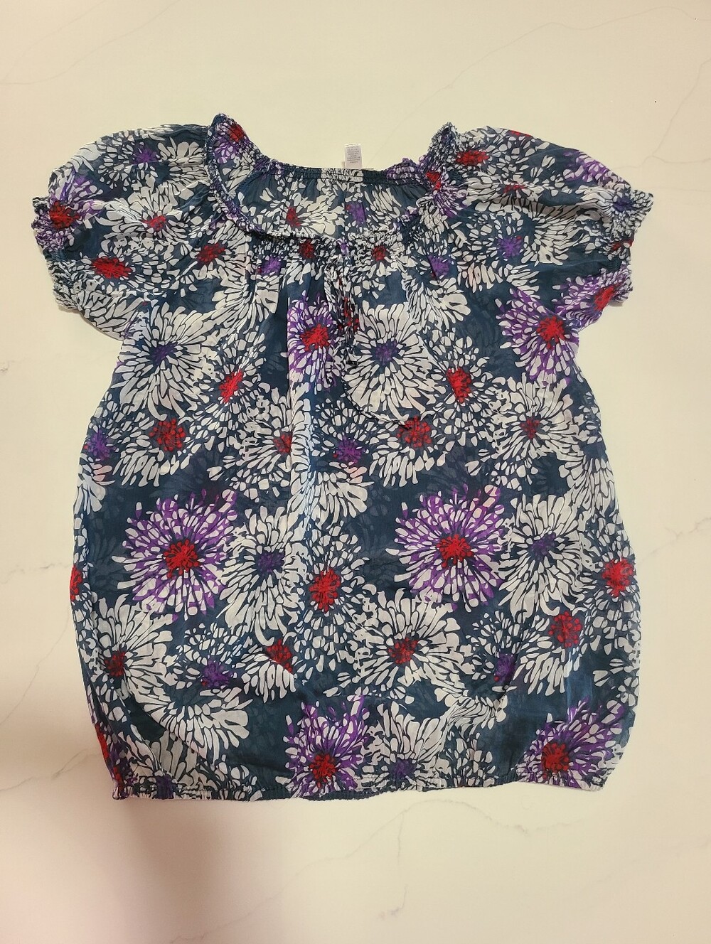Trinity Blue Floral Chiffon V-Neck Ruffle Puff Short Sleeve Blouse Women's S